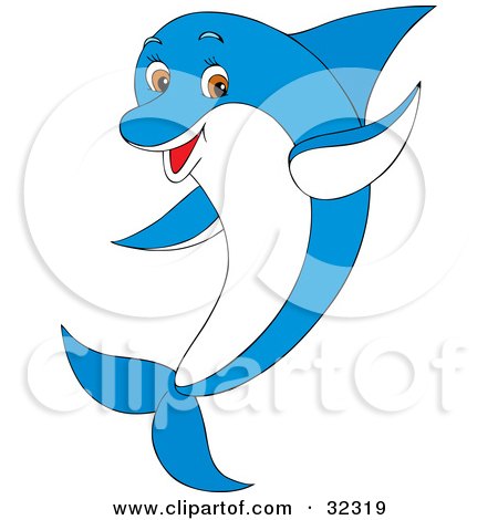 Clipart Illustration of a Happy Brown Eyed Blue And White Dolphin Waving by Alex Bannykh