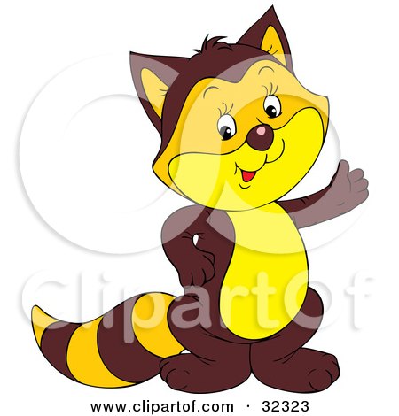 Clipart Illustration of a Cute Brown Badger Or Raccoon With An Orange And Yellow Face, Belly, Ears And Tail Stripes, Waving by Alex Bannykh
