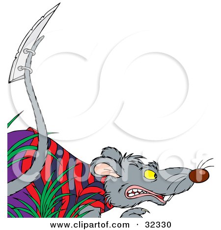 Clipart Illustration of an Aggressive Rat In Clothes, A Razor Blade Attached To His Tail by Alex Bannykh