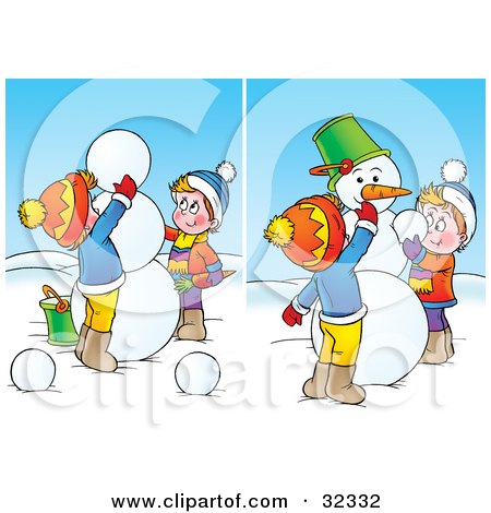 Clipart Illustration of Two Scenes Of Boys Putting The Final Touches On A Snowman by Alex Bannykh
