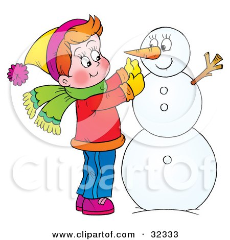 Clipart Illustration of a Happy Boy Putting A Carrot On His Snowman by Alex Bannykh