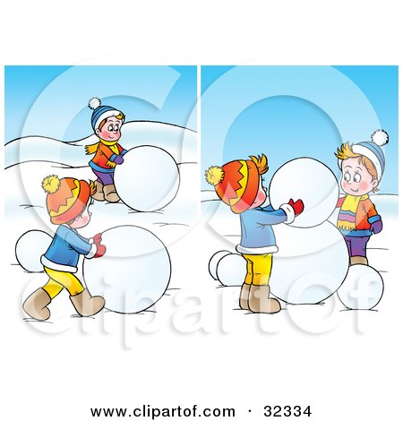 Clipart Illustration of Two Scenes Of Boys Rolling Giant Snow Balls To Make A Snowman by Alex Bannykh