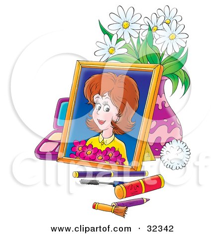 Clipart Illustration of a Portrait Of A Woman Holding Flowers, Leaning Against A Vase Of Daisies, Surrounded By Makeup by Alex Bannykh
