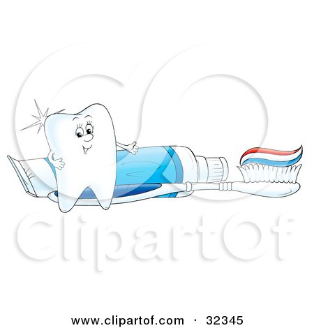 Clipart Illustration of a Sparkling White Tooth Character Standing By A Toothbrush And Tube Of Toothpaste by Alex Bannykh