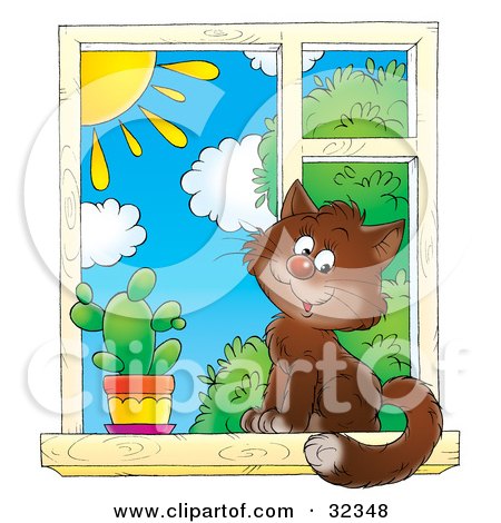 Clipart Illustration of a Cute Brown House Cat Sitting By A Cactus In A Window, Looking Outside On A Sunny Day by Alex Bannykh