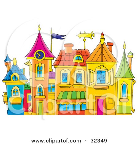 Clipart Illustration of a Group Of Colorful Buildings With Turrets And A Clock Tower by Alex Bannykh