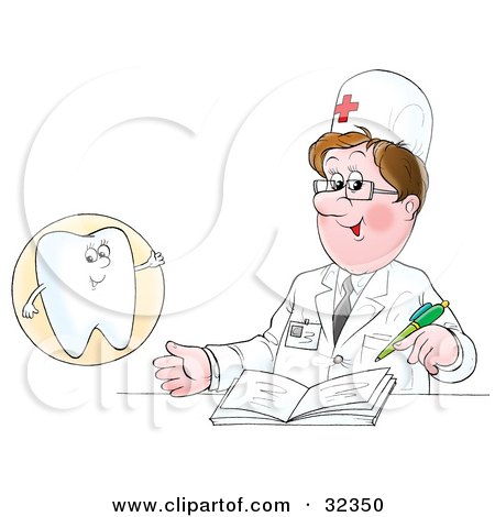 Clipart Illustration of a Tooth Character Talking To A Dentist As He Writes In A Book by Alex Bannykh