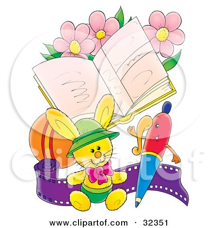 Clipart Illustration of a Stuffed Bunny With A Pen, Sitting In Front Of A Book With Pink Flowers, A Ball And Roll Of Film by Alex Bannykh