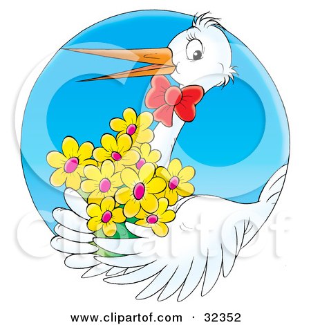 Clipart Illustration of a White Stork Wearing A Red Bow And Carrying A Bouquet Of Yellow Flowers by Alex Bannykh