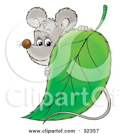 Clipart Illustration of a Cute Gray Mouse Standing Behind A Green Leaf by Alex Bannykh