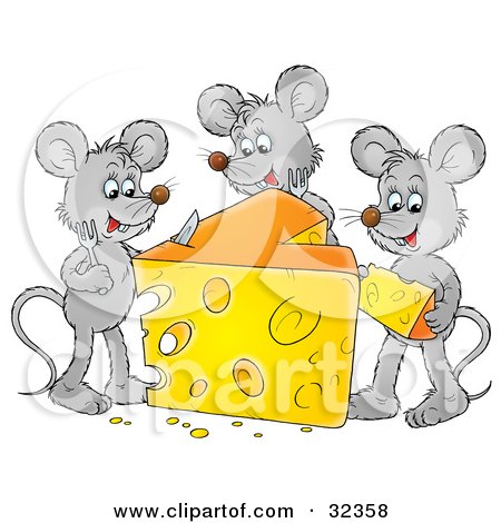 Clipart Illustration of Three Gray Mice Dining On A Big Wedge Of Swiss Cheese by Alex Bannykh