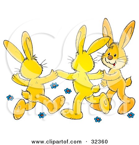 Clipart Illustration of Three Yellow Bunny Rabbits Holding Hands And Dancing Around Blue Flowers by Alex Bannykh
