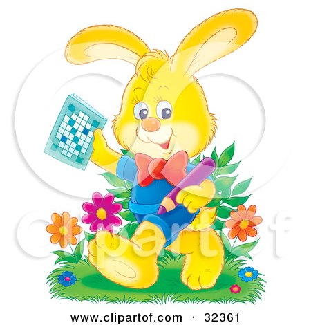 Clipart Illustration of a Yellow Rabbit In Clothes, Holding A Pencil And Word Puzzle, Walking Through Flowers by Alex Bannykh