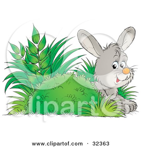 Clipart Illustration of a Cute Gray Bunny Hiding Behind A Bush In Plants by Alex Bannykh