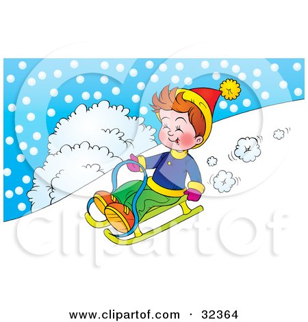 Clipart Illustration of a Boy Riding Downhill On A Sled On A Snowy Winter Day by Alex Bannykh