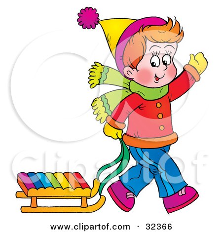 Clipart Illustration of a Boy Waving While Pulling His Sled Behind Him On A Winter Day by Alex Bannykh
