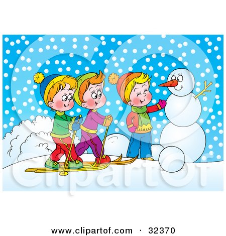 Clipart Illustration of Two Boys Skiing And Chatting With Another Boy Making A Snowman On A Winter Day by Alex Bannykh