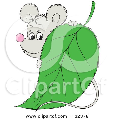 Clipart Illustration of a Cute Gray Mouse Peeking Around A Green Leaf by Alex Bannykh