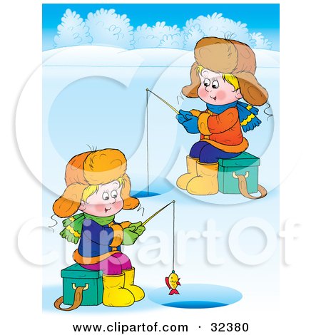 Clipart Illustration of Two Boys Ice Fishing On A Frozen Lake by Alex Bannykh