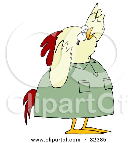 Clipart Illustration of a Shocked Chicken In A Green Shirt, Pointing Upwards by djart