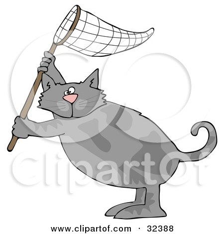 Clipart Illustration of a Gray Cat Standing On Its Hind Legs And Holding Up A Fishing Net by djart