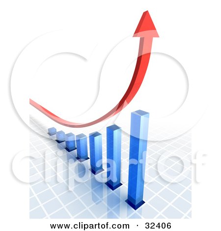 Clipart Illustration of a Red Arrow Shooting Upwards Over A Blue Bar Graph On A Grid Surface by Tonis Pan