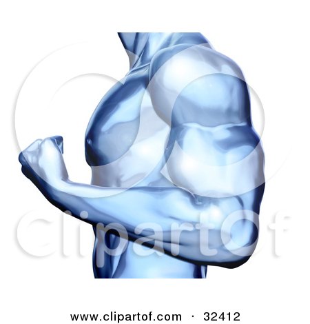 Clipart Illustration of a Strong Blue Chrome Male Body Builder Flexing His Bicep Muscles by Tonis Pan