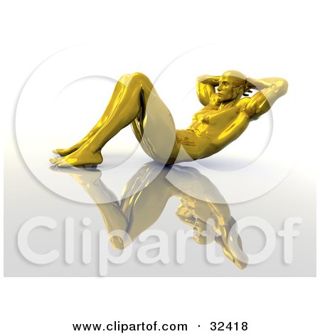 Clipart Illustration of a Muscular Golden Man In Profile, Doing Sit Ups Or Crunches On A Reflective Surface by Tonis Pan