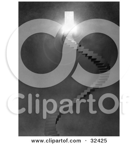 Clipart Illustration of a Winding Staircase In A Misty Room, Leading Upwards To A Doorway With Bright Light, Symbolizing Death, Success And Hope by Tonis Pan