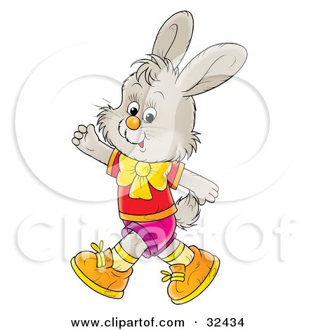 Clipart Illustration of a Friendly Gray Bunny In Clothes, Walking On His Hind Legs And Waving by Alex Bannykh