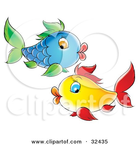 Clipart Illustration of a Blue Fish With Green Fins And Puckered Lips, Swimming By A Yellow Fish With Red Fins by Alex Bannykh
