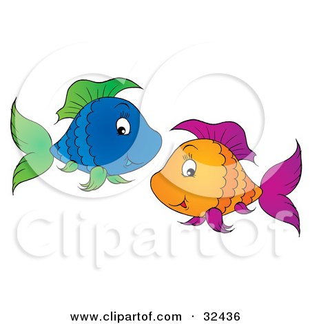 Clipart Illustration of a Blue Fish With Green Fins, Swimming With An Orange Fish With Purple Fins by Alex Bannykh