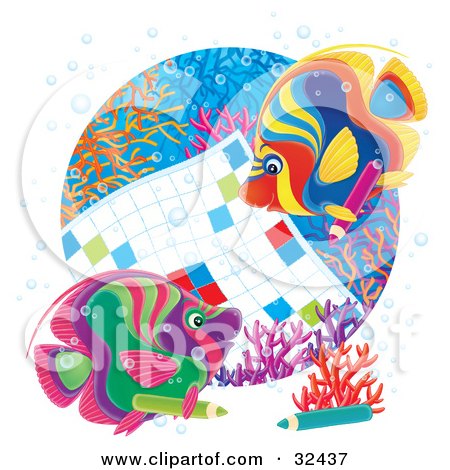 Clipart Illustration of Two Colorful Angelfish Working On A Word Puzzle On A Coral Reef by Alex Bannykh
