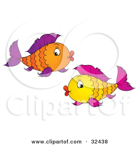 Clipart Illustration of Two Orange, Yellow And Purple Fish Swimming Together, With Puckered Lips by Alex Bannykh