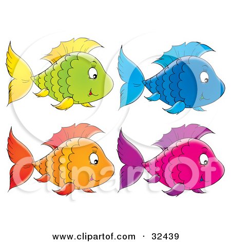 Clipart Illustration of a Green Fish With Yellow Fins, Blue Fish, Purple And Pink Fish And An Orange Fish Swimming by Alex Bannykh