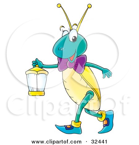 Clipart Illustration of a Friendly Blue And Yellow Cricket Carrying A Lantern by Alex Bannykh