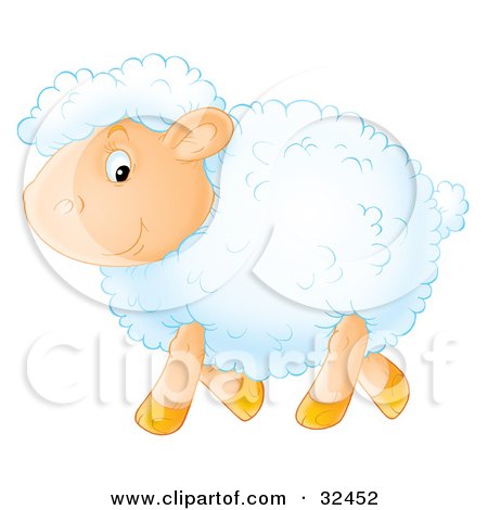 Clipart Illustration of a Happy White Sheep With Fluffy Wool, Walking By In Profile by Alex Bannykh