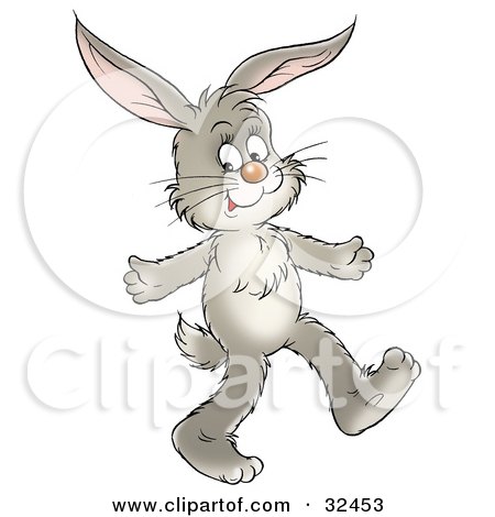 Clipart Illustration of a Gray Bunny Walking On His Hind Legs And Holding His Arms Out by Alex Bannykh