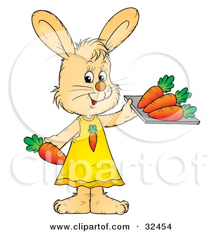 Clipart Illustration of a Female Beige Bunny In A Dress, Holding A Tray Of Healthy Carrots by Alex Bannykh