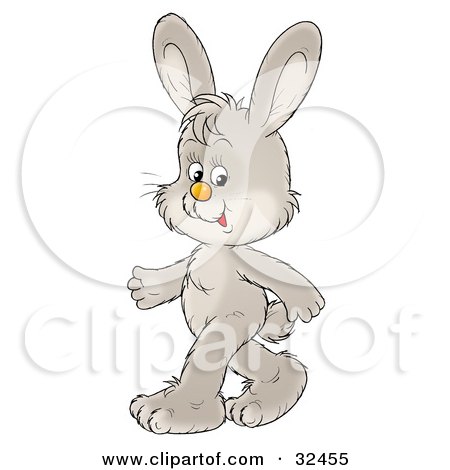 Clipart Illustration of a Walking Gray Bunny On His Hind Legs, Smiling At The Viewer by Alex Bannykh