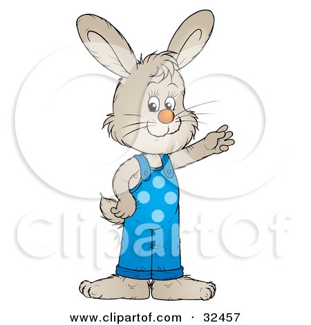 Clipart Illustration of a Friendly Gray Bunny In Blue Overalls, Waving by Alex Bannykh