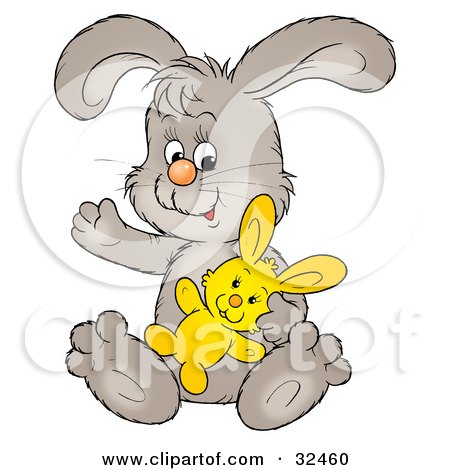 Clipart Illustration of a Friendly Gray Bunny Sitting With A Stuffed Animal by Alex Bannykh