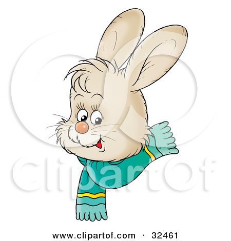 Clipart Illustration of a Cute Beige Bunny With Big Ears, Wearing A Green Scarf by Alex Bannykh