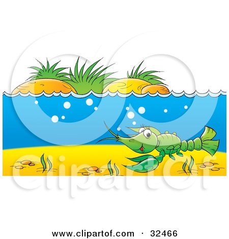 Clipart Illustration of a Green Crawdad Swimming At The Bottom Of A Blue River by Alex Bannykh