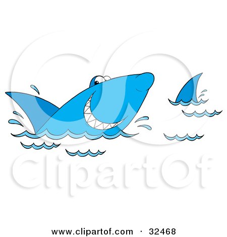 Clipart Illustration of a Grinning Blue Shark Swimming At The Surface Of Water by Alex Bannykh