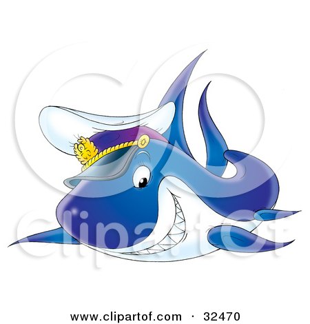 Clipart Illustration of a Grinning Captain Shark Swimming With A Hat by Alex Bannykh