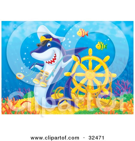Clipart Illustration of a Captain Shark With Binoculars, Leaning On A Sunken Ship's Helm On A Reef by Alex Bannykh