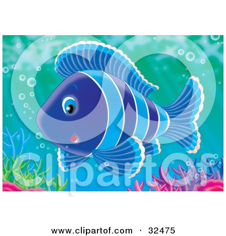 Clipart Illustration of a Cute Striped Blue Fish Swimming With Bubbles Over Colorful Corals by Alex Bannykh