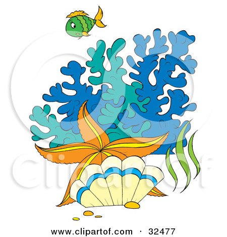 Clipart Illustration of a Green Fish, Orange Starfish And Clam By Colorful Blue And Green Corals by Alex Bannykh