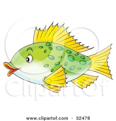 Clipart Illustration of a Cute Green Spotted Fish With Yellow Fins Swimming With Its Lips Puckered by Alex Bannykh